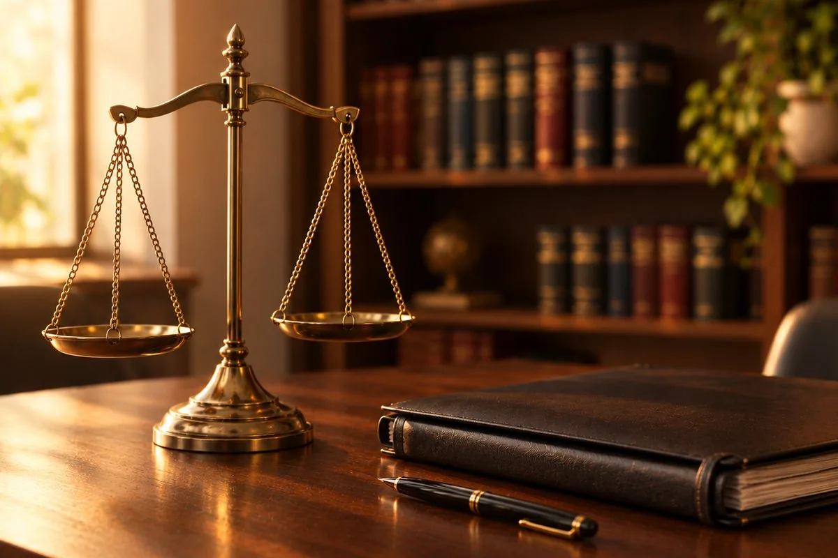 Balança da Justiça de latão, livro e caneta sobre a mesa de um escritório, representando o processo de alienação parental em Fortaleza