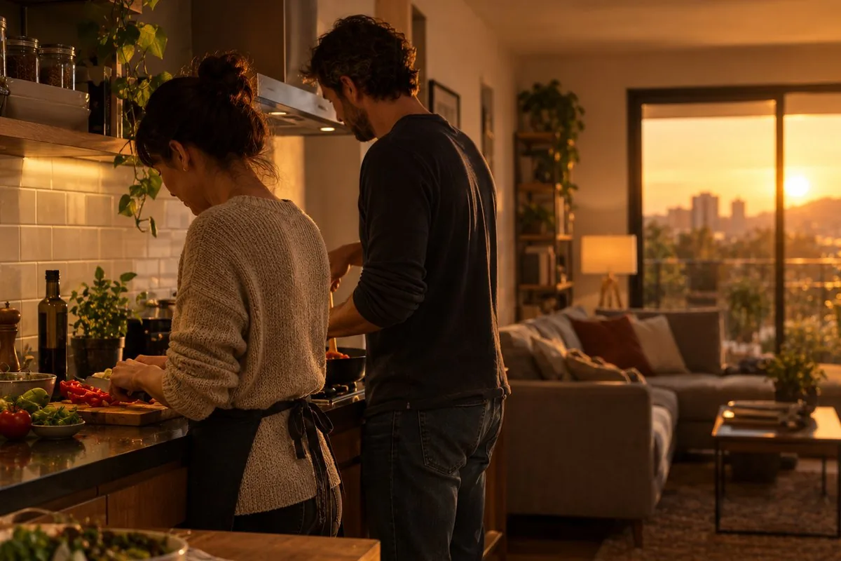 Casal preparando o jantar juntos na cozinha de casa ao entardecer, representando a convivência da união estável em Fortaleza