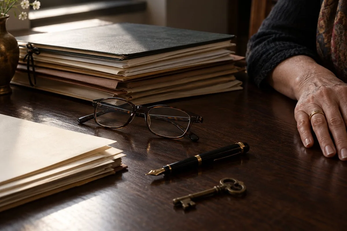 Pastas de documentos, óculos, caneta-tinteiro e uma chave antiga sobre a mesa, ao lado da mão de uma senhora, representando o inventário e a herança em Fortaleza
