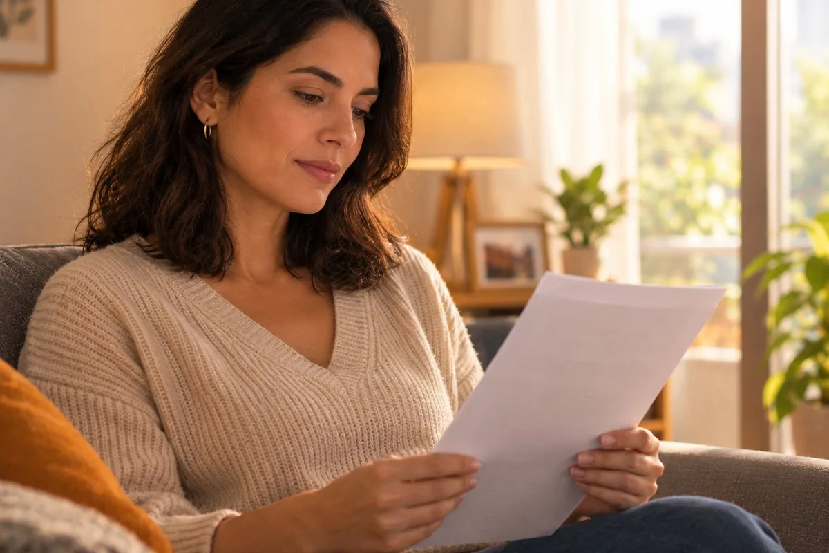 Mulher sentada no sofá de casa lendo um documento com atenção, representando a orientação após a medida protetiva em Fortaleza